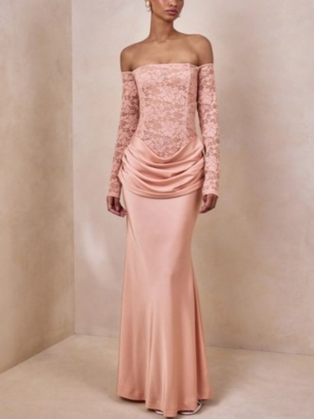 Club L London Rinna Pink Lace And Satin Bardot-Neck Maxi Dress Women's Size 4